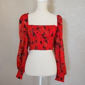 B.O.G Collection red floral sheer sleeves size XS. New with Tags